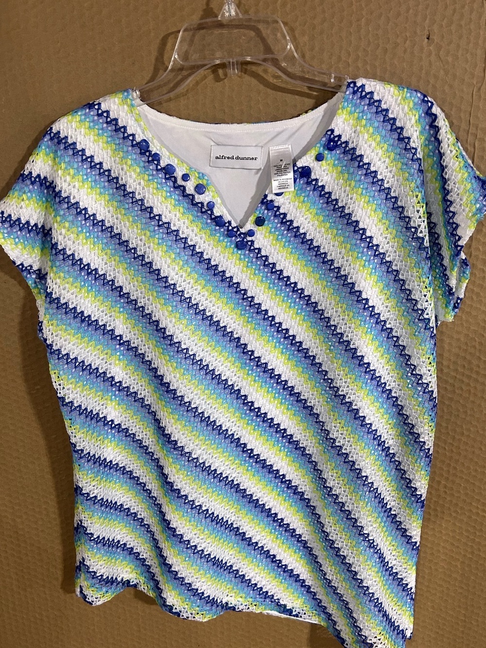 Alfred Dunner Blue, Green & White Diagonal Stripe Short Sleeve Knit Top